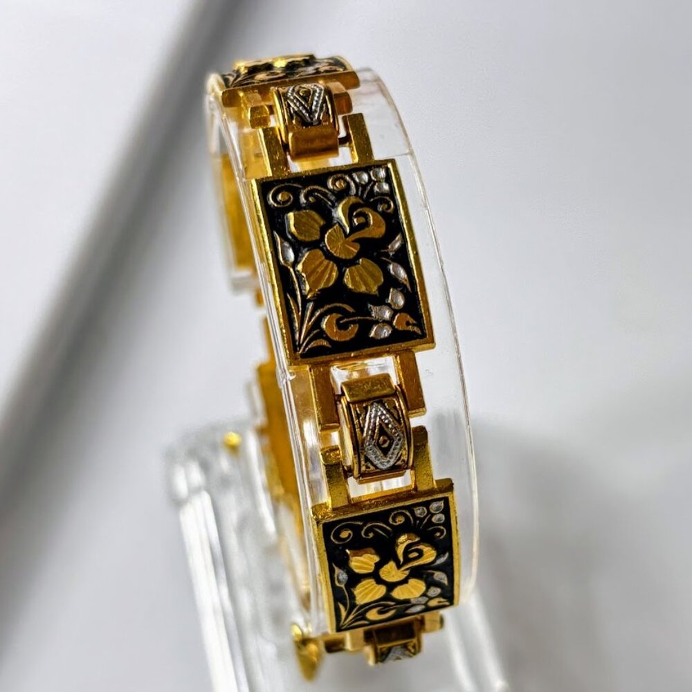 Vintage Spanish Damascene Floral Bracelet | Black Enamel Gold Inlay | 7"